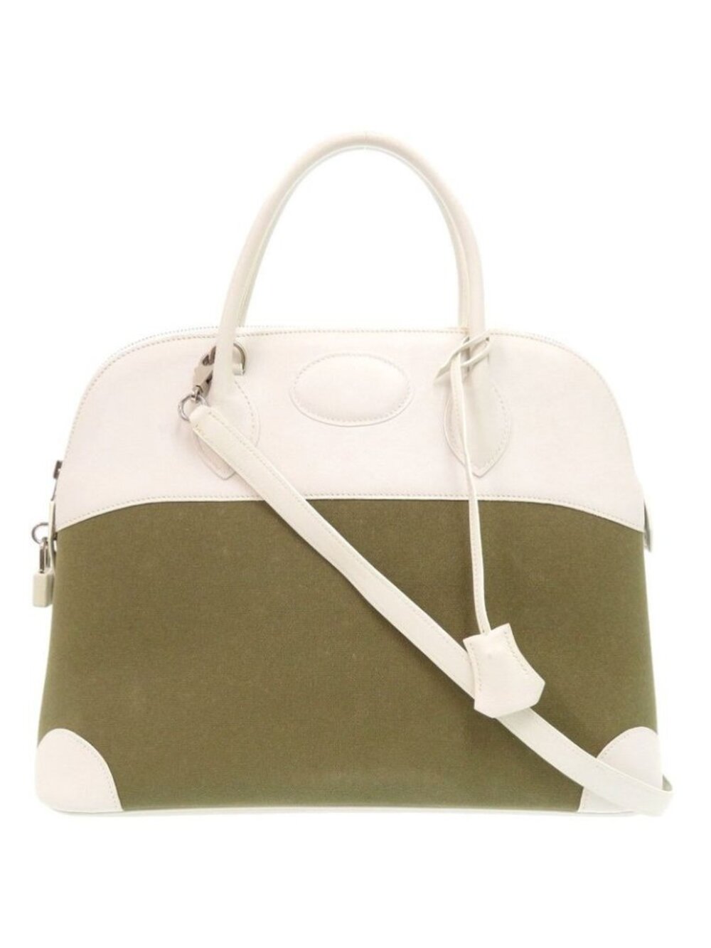 Hermes Bolide 37 Toile Gibesieres Vorsluft Khaki White Handbag 1537